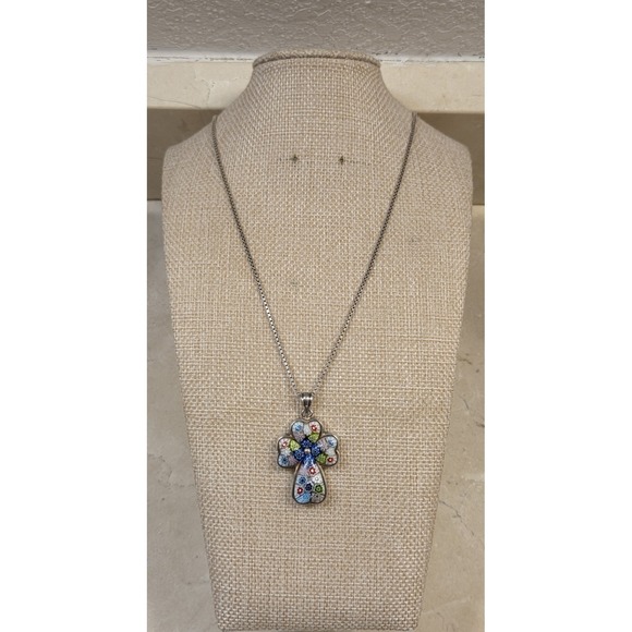 Millefiori Jewelry - Vintage Millefiori Sterling Silver Cross Pendant 20" Sterling Box Chain Murano